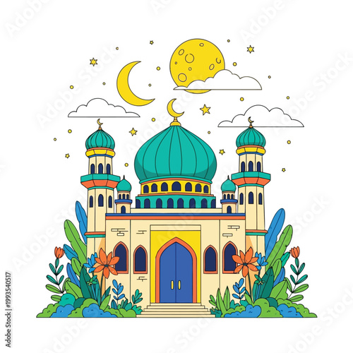 Vibrant illustration of a mosque under a crescent moon and full moon Vector