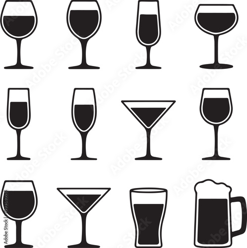 Assorted glassware and beverages featuring dark liquids and beer