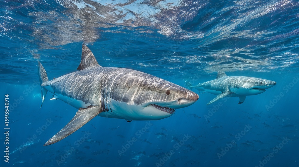 Fototapeta premium Great white sharks swim below the ocean's surface.
