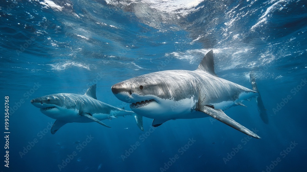 Fototapeta premium Great white sharks swim below the ocean's surface.