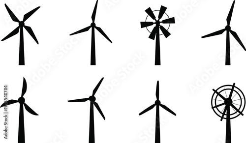 Collection of black silhouette wind turbines a sustainable energy iconography