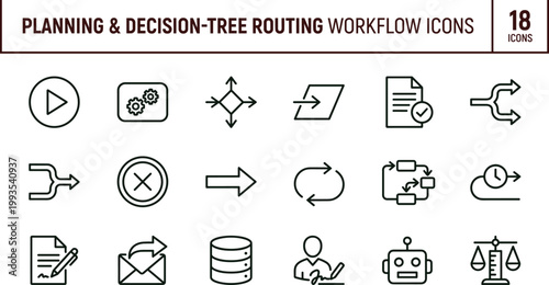 Planning decision tree routing workflow outline icon set directional flow sequencing strategy mapping interface vector collection toolkit