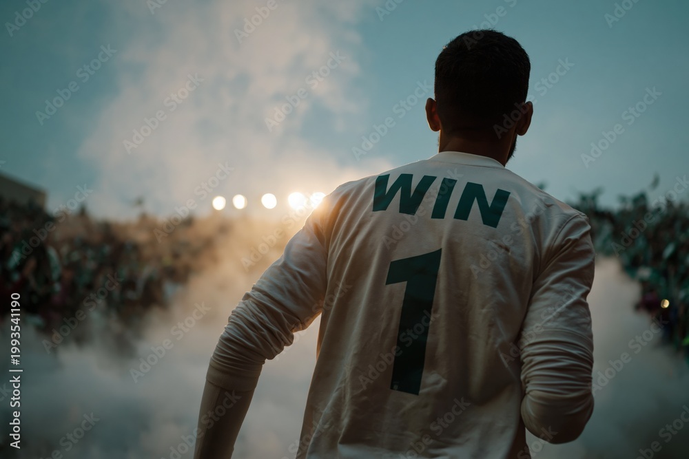 Fototapeta premium Player standing before cheering crowd in stadium wearing win number jersey