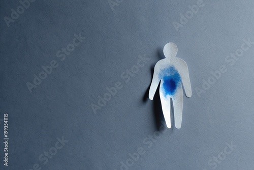Paper figure with blue mark on textured blue background
