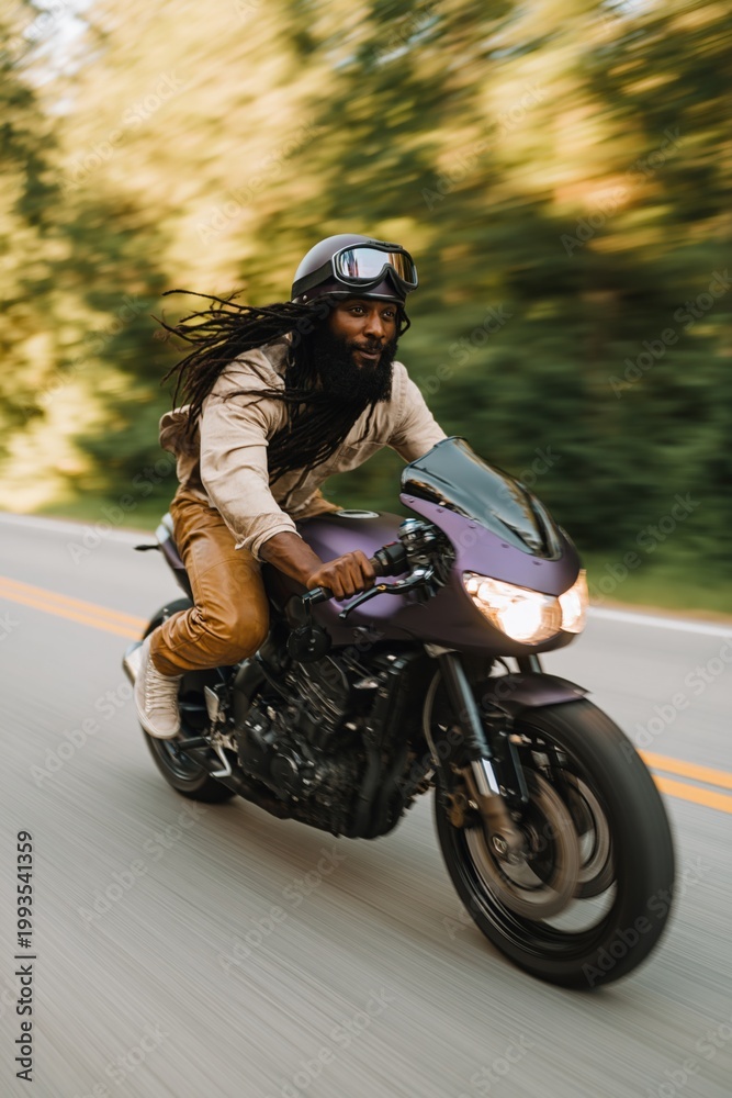 Obraz premium Man leaning forward riding cafe racer motorcycle on winding road