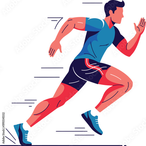Dynamic illustration of a male athlete in peak physical condition sprinting with intense focus showcasing speed and athletic performance in a vibrant stylized graphic
