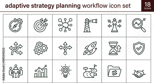 Adaptive strategy planning workflow icon set illustrating decision navigation optimization forecasting leadership analytics management process outline vector symbols
