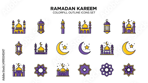 Colorful ramadan kareem outline icons set featuring mosques, crescents, and lanterns Vector