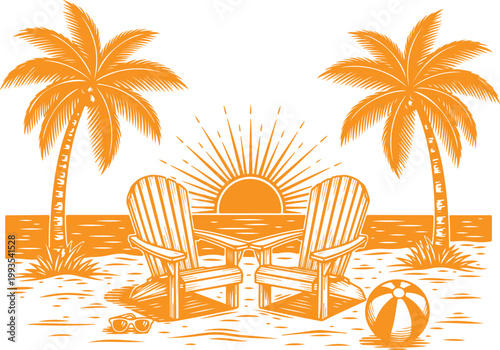 a beach scene with two chairs and a ball Vector, illustration