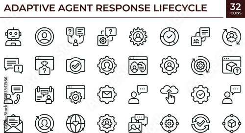 Adaptive agent response lifecycle icon set illustrating communication feedback monitoring automation decision support artificial intelligence workflow outline vector symbols