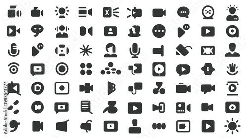 Set of 64 Black Video Conference Communication Icons Vector