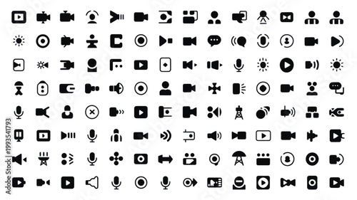 Set of 100 Black Video and Audio Interface Icons Vector