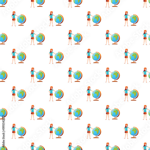 Seamless pattern featuring a teacher explaining geography using a globe