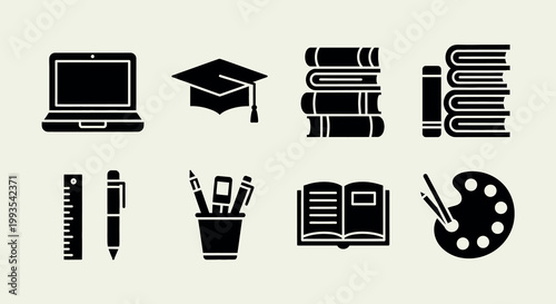 A collection of black and white educational icons on a plain background
