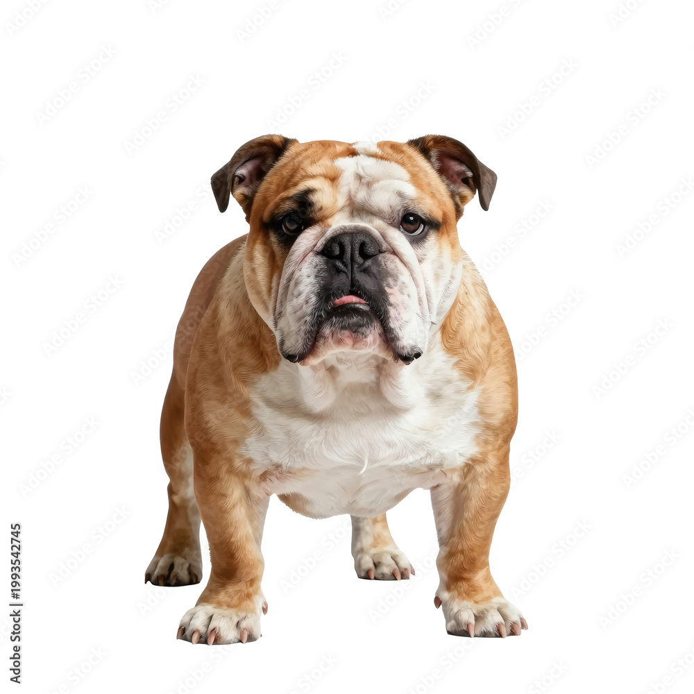 Fototapeta premium Adorable english bulldog stands proudly on a white backdrop looking straight at the camera