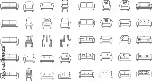 Furniture Sofa and Chair Outline Vector Collection Featuring Modern Living Room Seating Icons, Couches, Armchairs and Interior Design Elements for Home Projects