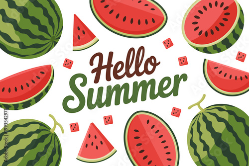 Hello Summer watermelon slices and fruits arrangement on white background