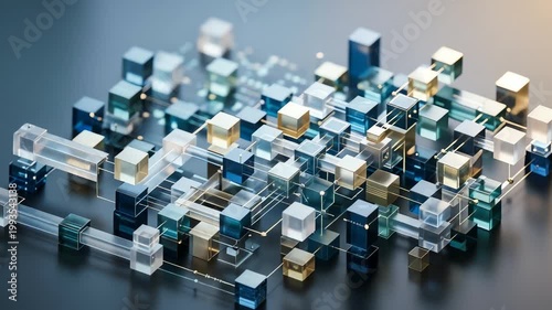 Abstract composition of transparent and colored cubes arranged artistically on a dark surface