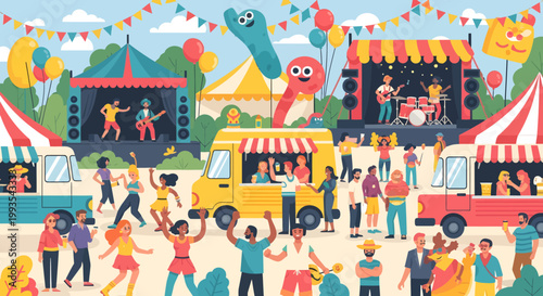 Vibrant outdoor festival with people enjoying food trucks and live music performances