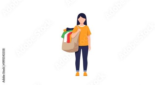 Woman holding colorful shopping bag with groceries and smiling
