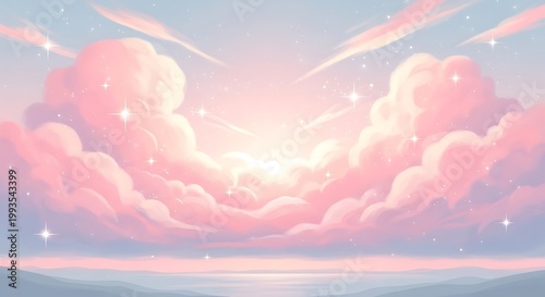 Dreamy Pink Clouds and Sky Landscape with Glimmering Stars.