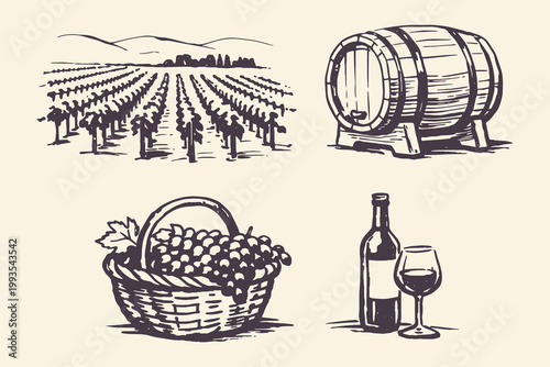Wine production set vintage ink vector illustration