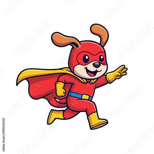 Cartoon Dog Superhero Running with Cape and Costume.