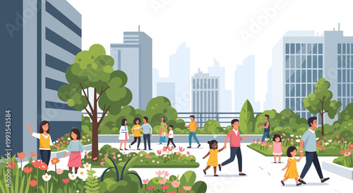 people walking in city park with skyscrapers and flowers