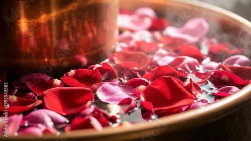 Romantic Spa Wellness Red and Pink Rose Petals Floating in Steaming Hot Water in Golden Copper Bowl Aromatherapy Ritual Horizontal Closeup
