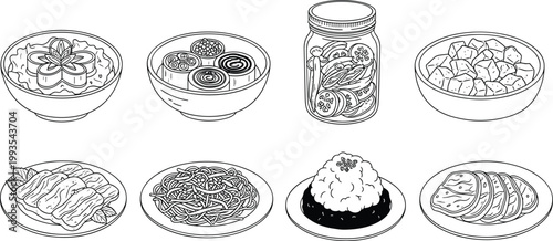 Asian Food Icon Set with Dishes, Noodles, Dumplings, Rice, and Pickled Vegetables for Culinary Design
