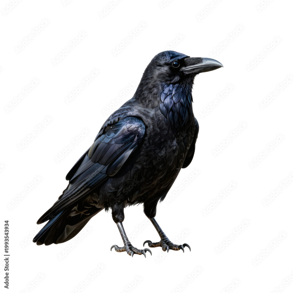 Fototapeta premium Elegant raven stands tall against a bright white background in a studio shot