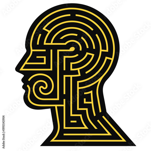 Abstract maze head design representing thought and creativity, black and yellow