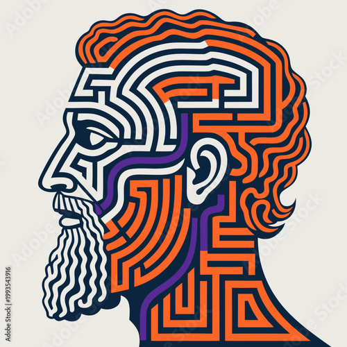 Labyrinthine design depicting a man's profile and facial features in vibrant colors