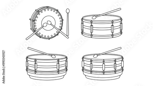 Illustrations of different types of snare and bass drums with drumsticks Vector