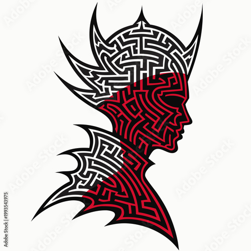 Stylized silhouette of a person with intricate maze patterns in black and red