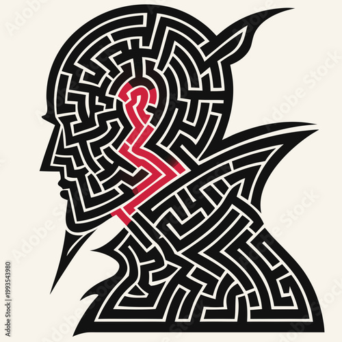 Abstract maze design representing a head with a hint of pain and confusion.