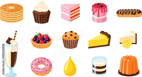 Assorted Desserts Icon Set with Cakes, Cupcakes, Donuts, Pastries, and Drinks for Bakery and Sweet Treats Design