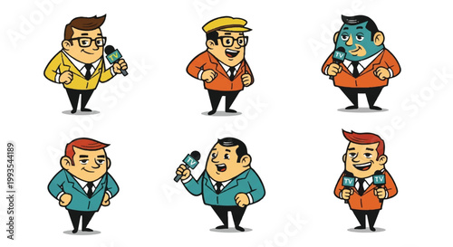 Cartoon reporters diverse illustrations of news presenters with microphones