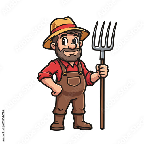 Cartoon Farmer Character Holding Pitchfork Ready for Agricultural Work.