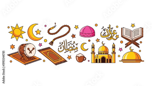 Colorful illustration depicting various islamic symbols and items of worship Vector