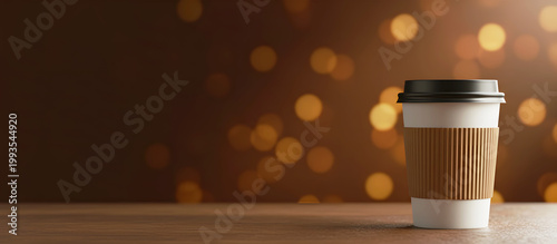 Paper coffee cup mockup with cardboard sleeve and copy space on wooden table over festive golden bokeh background