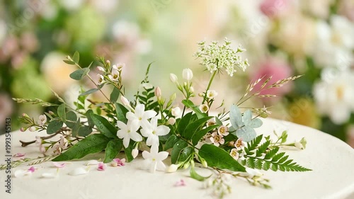 Beautiful floral arrangement featuring white and green flowers on a soft background with bokeh