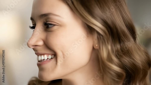 Smiling young woman with wavy hair in a softly lit indoor setting, conveying warmth and happiness