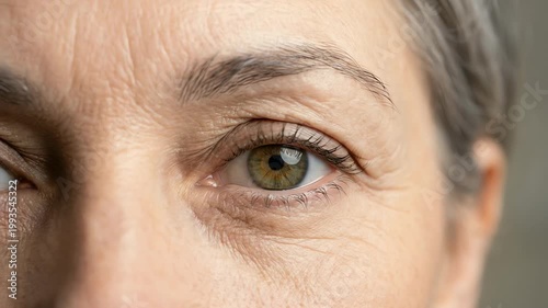 Close-up of a mature woman's eye showcasing detailed textures and natural beauty, with soft lighting