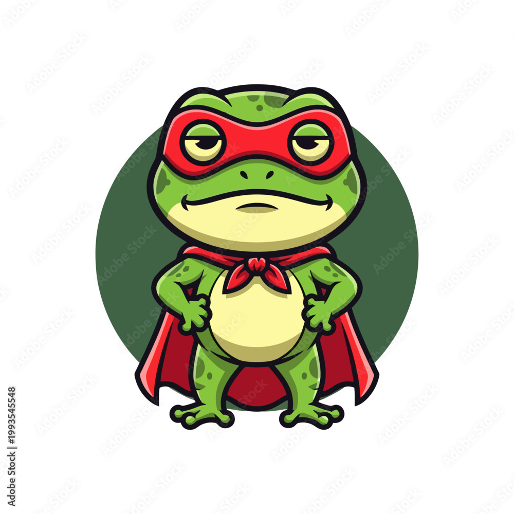 Obraz premium Cartoon Frog Superhero with Red Mask and Cape Illustration.