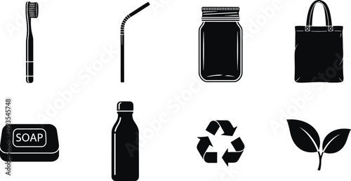 Eco friendly lifestyle icons a collection of sustainable daily essentials in black silhouette