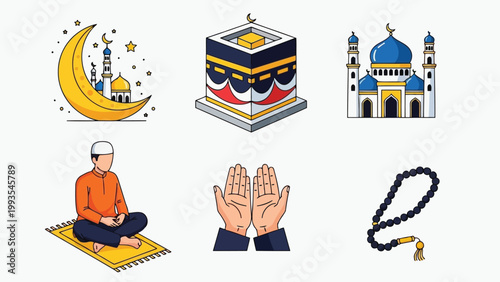 Illustrations of key symbols and practices in islamic culture and worship Vector