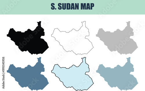 South Sudan map outlines presented in 6 different style variations for informational use