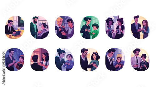 Diverse social interactions and professional networking in modern settings Vector