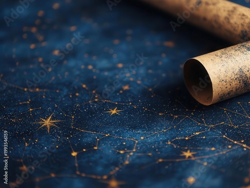 Ancient scroll unfolding into galaxy star map, storytelling through time and space